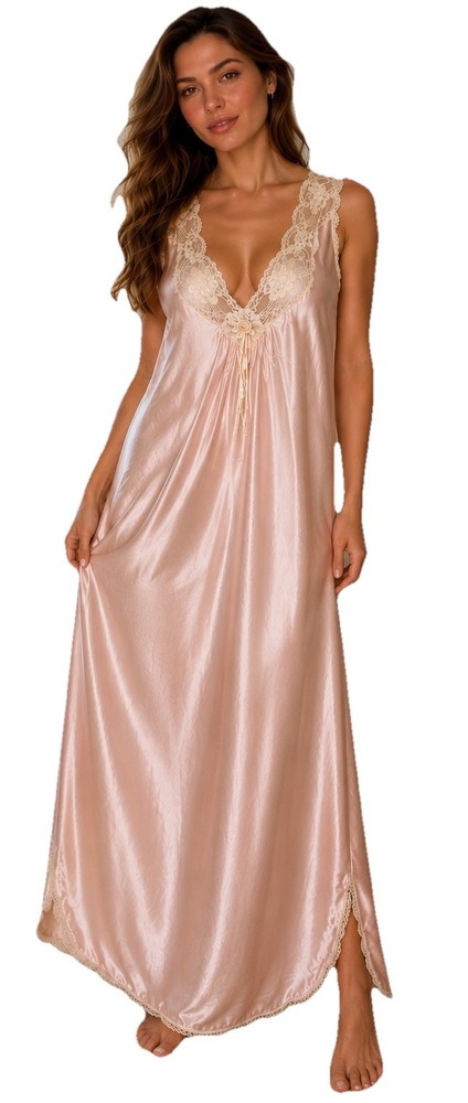 Vintage Baby Pink Satin And Ivory Lace maxi Nightgown With Rosebud Appliqué Sz M