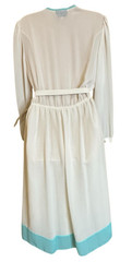 70s Vintage Sheer Long Sleeve White Blue Secretary Dress size M