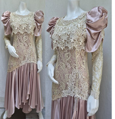 VTG 80s CACHET by Bari Protas Victorian Dusty Rose Satin & Lace Puff Slv Dress