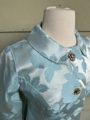 70’s Ice Blue Floral Brocade Cocktail Sheath Dress Matching Coat Metallic 28” 4