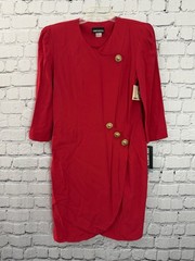 Vtg. 1980s John Roberts Red Wrap Dress with Gold Buttons Shoulder Pads Sz 12 New