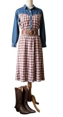 Vintage Carol Anderson Denim Top Flannel Skirt Dress Western Midi Size 11-12