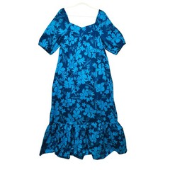 VTG Hilo Hattie L Cotton Maxi Muumuu Tropical Hibiscus Turquoise Made In Hawaii