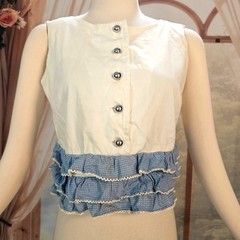 Vintage 1960’s 50’s Blouse Top Shirt White Blue Polka Dot Ruffled Cropped