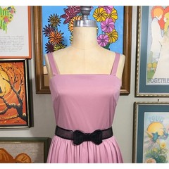 1970s Qiana Nylon Disco Dress Mauve Pink Square Neck A-Line Lace Trim