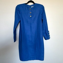 Vtg Bill Blass Royal Blue Linen Shift Dress 6 Gold Button Princess Diana Style