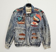 Vintage 80s Denim Jean Jacket Size M Acid Washed Southwestern Aztec Made In USA
