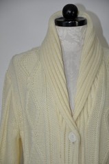 70s Cream Fisherman Cable Knit Shawl Duster Long Cardigan Sweater Coat Women M L