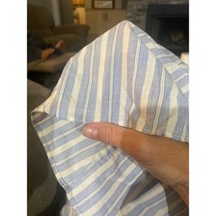 Vintage 1940s 1950s Blue White Striped Button Down Blouse 3/4 Sleeve Camp Collar