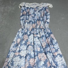 Vintage 70s Montgomery Ward Dress Womens 14 Blue Floral Lace Collared Sleeveless