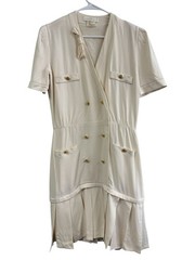 Vintage 90s Escada Silk Dress Cream Drop Waist Double Breasted Gold Button 42 12