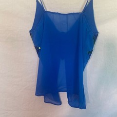 Vintage Shes USA Blue Sequin Butterfly Cami Top Y2K Beaded Rayon LA-3587 Medium