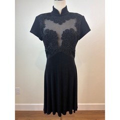 Vintage 90s Tadashi Cocktail Dress Womens L Black Soutache Mesh Mock Neck LBD