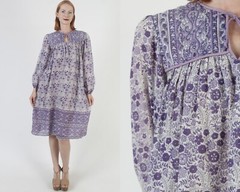 Vtg 70s Purple Floral India Dress Cotton Airy Chambeli Festival Bib Pakistan M