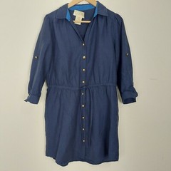 Julie Brown Vintage Size 8 Blue Button Drawstring Waist Linen Blend Shirt Dress