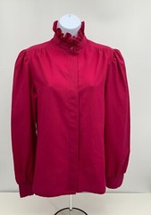 Vintage Judy Bond Button Up Purple / Red Blouse High Collar Ruffle Front Size 12