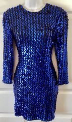 Vintage 90s Karen Okada Climax Blue Sequin Lace Long Sleeve Mini Dress~5/6