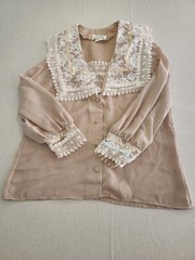 Archie & Gayle 1980s Beige Lace Collar ButtonFront Long Sleeve Blouse 11/12 #007