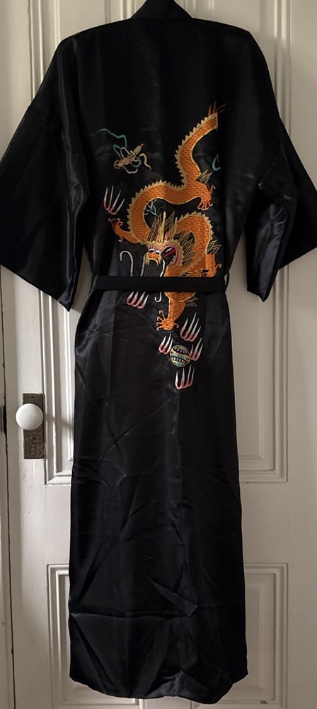 Golden Dragon Black Satin Kimono Robe W 3 Embroidered Dragons-Size XL-Brand New!