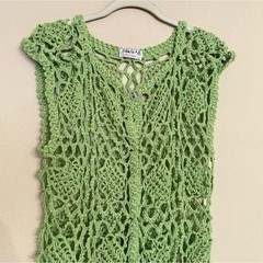 Vintage Hand Crochet Knit Vest Size Medium Green Sweater Sleeveless Boho Retro