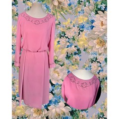 Vintage 70s Rose Pink Blouson Beaded Blossom Long Sleeve Cocktail Dress L