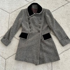 Vintage 60s Mid-Length Velvet Collar Wool-Blend Herringbone Coat