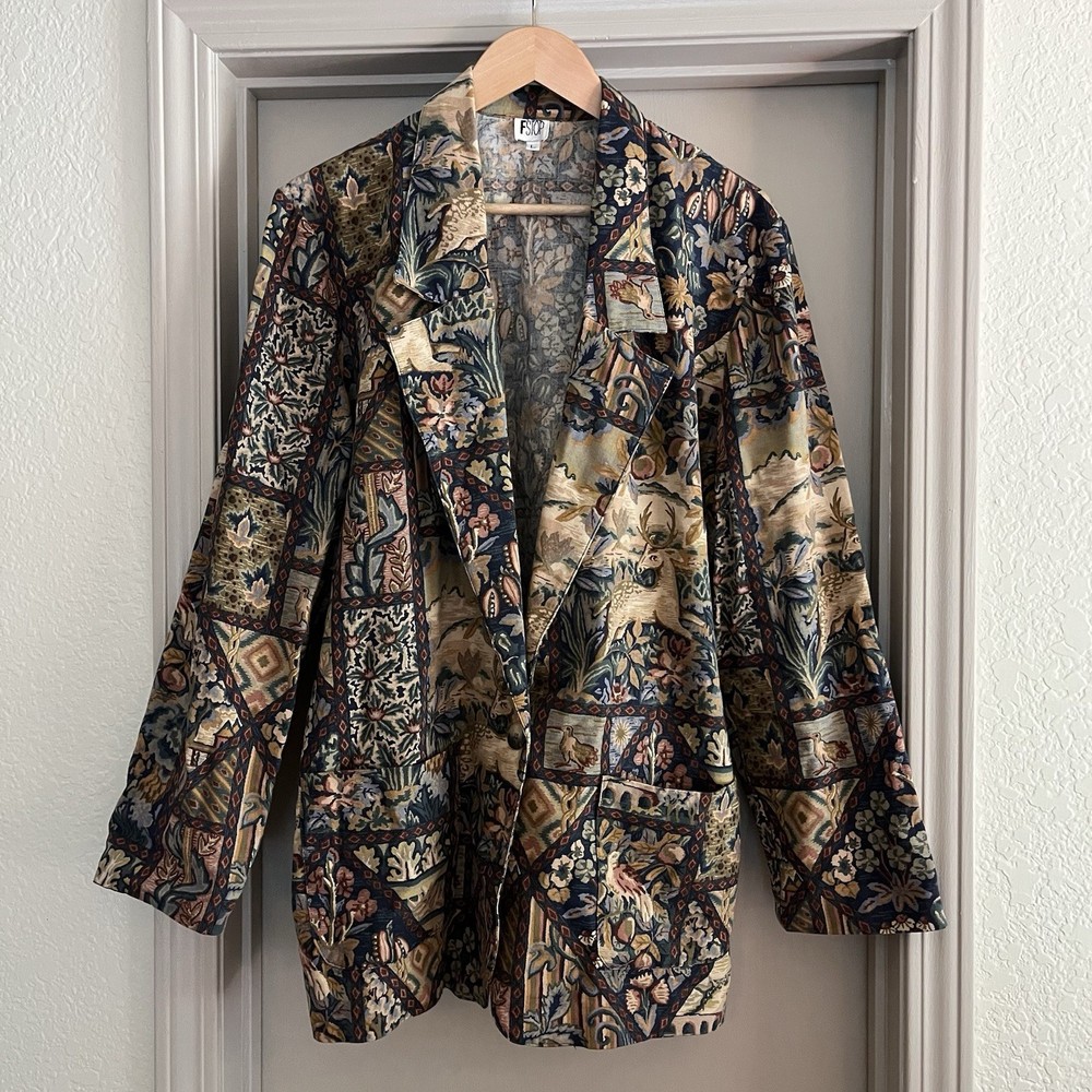 Vintage FSTOP Women’s L Multicolor Tapestry Blazer USA 80s 90s Animals Floral