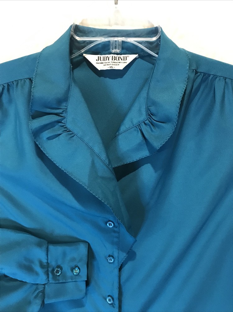 Vintage 1980’s Judy Bond blouse Button Ruffle Teal Geek/Secretary Silky Polyeste