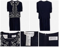 Karin Stevens Vintage Navy Embroidered With Pearls Midi Length Dress Size 8