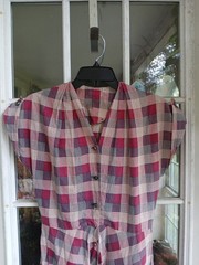 1940s Cotton Red, White And Blue Plaid Dress