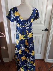 Vtg 70s Floral Maxi Dress Navy Yellow Lily Hibiscus Hawaiian Tiki Resort M L 53″