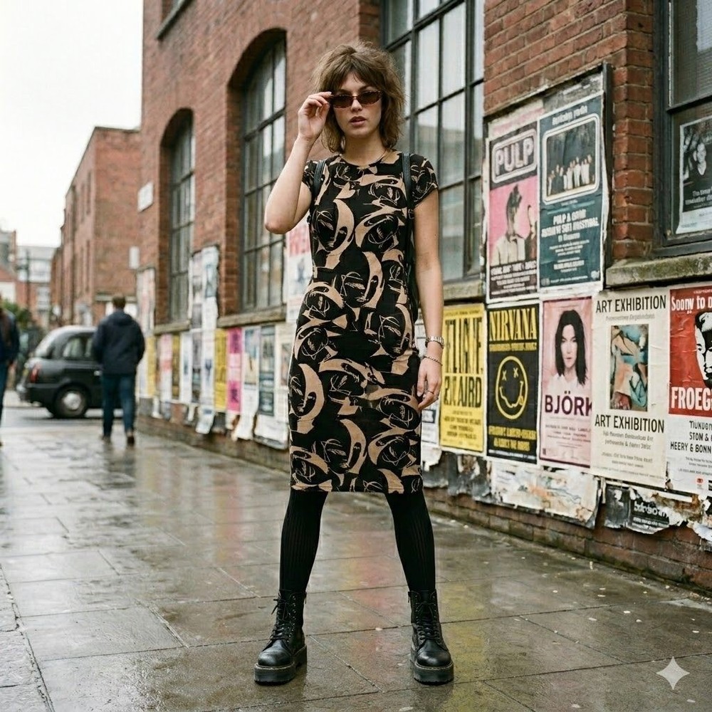 Vintage 90s Whimsygoth Slinky Face Print Dress Small Avant Garde Art Maximalist