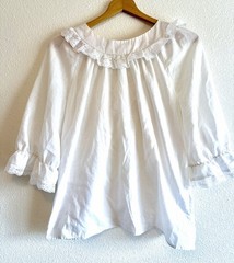 VTG 80s WHITE cotton RUFFLE LACE V NECK TOP pull on ribbon half slv L romantic