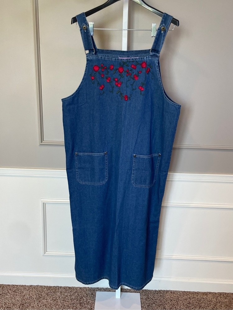 Vintage Premier International Denim Jean Jumper Dress 2X Embroidered Flower