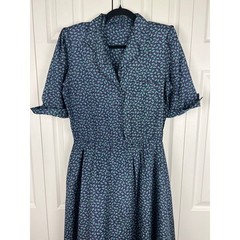 Vintage Paisley Shirtwaist Midi Dress Retro Boho Dark Academia Navy Teal Poly M