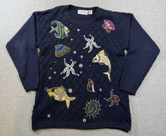 VTG 90s Cedars Beaded Sweater Womens M Navy Ocean Fish Sea Life Embellished