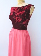 Vtg 50s 60s Burgundy Velvet Pink Chiffon Maxi Dress Prom Formal Evening Gown XS