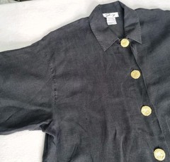 Vtg GENNY Italy 100% Linen Shirt Charcoal Grey Gold Hammered Buttons Oversized 8