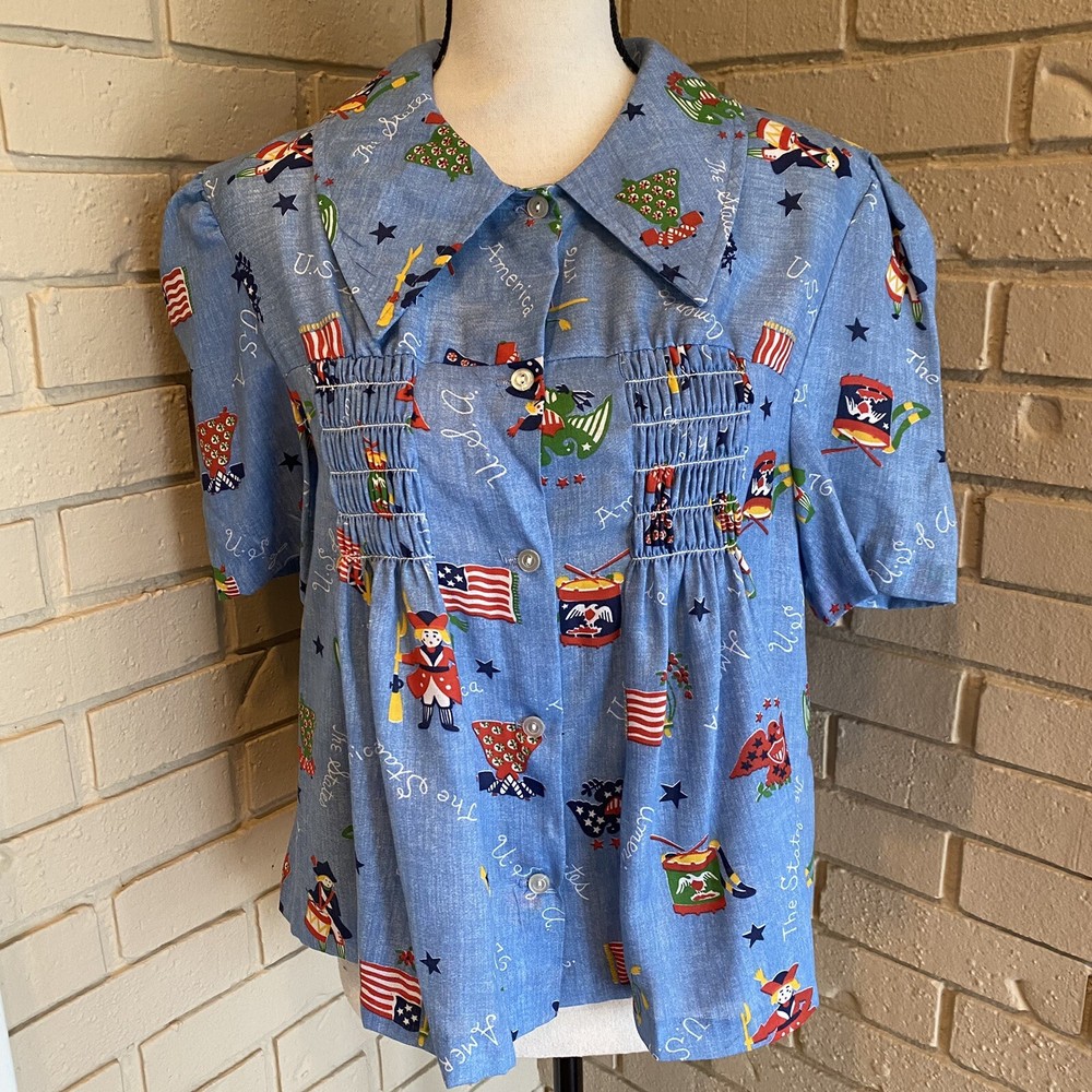 Vintage 70’s Winnie Womens Smocked Cottage Core All Over Print Blouse 15 / 16