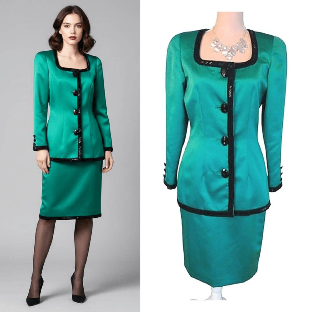 VTG 90s D’ore Della Roufogali Green Satin Beaded Skirt Suit Set 6 Event Gala MCM