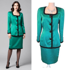 VTG 90s D’ore Della Roufogali Green Satin Beaded Skirt Suit Set 6 Event Gala MCM