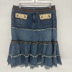 Vintage Candies Low Rise Maxi Denim Skirt W Ruffles Y2K Chore Stretch Women 13