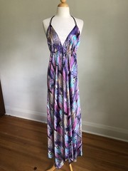 STUNNING VTG Indian Tropical Fashion Peacock Feathers Satin Halter Dress O/S