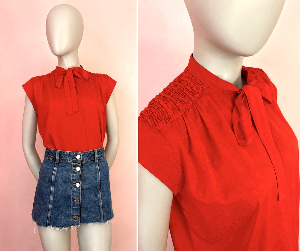 Vintage 80s Red Swiss Dot Bow Blouse Paris Chic Office Siren classic Top S M L