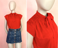 Vintage 80s Red Swiss Dot Bow Blouse Paris Chic Office Siren classic Top S M L