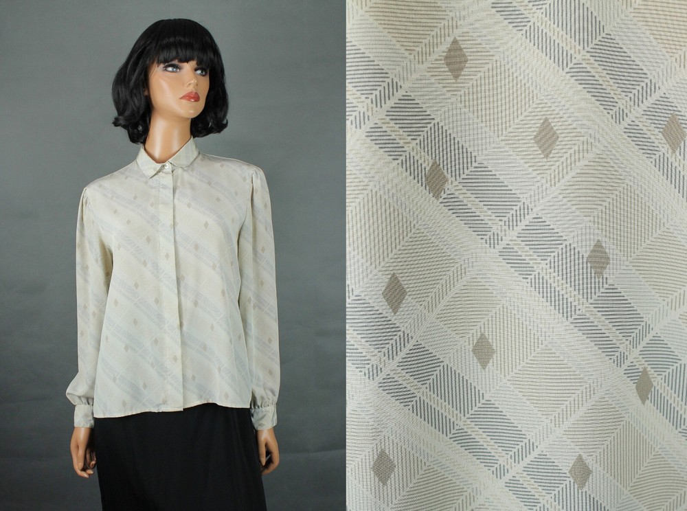 Vintage Secretary Blouse Sz 14P L 80s Beige Gray Plaid Geometric Dress Shirt