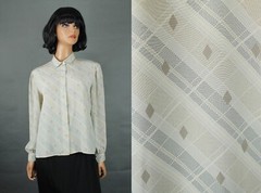 Vintage Secretary Blouse Sz 14P L 80s Beige Gray Plaid Geometric Dress Shirt
