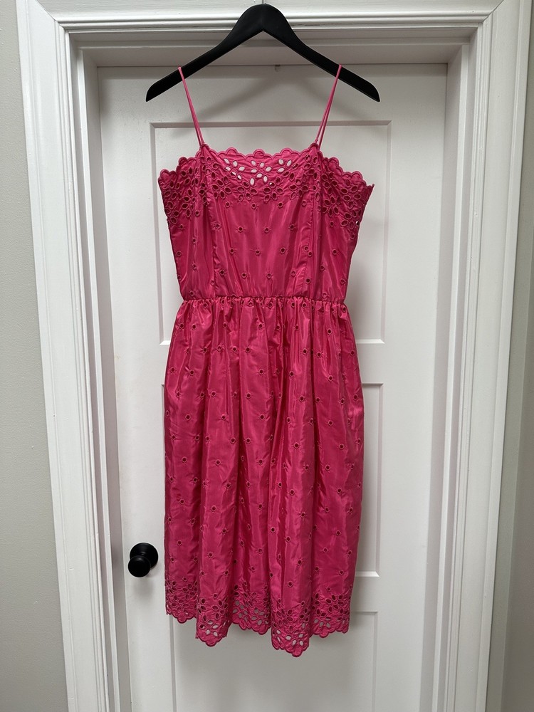 Vintage Eyelet Hot Pink taffeta Day Dress Cottagecore Prom Pinup