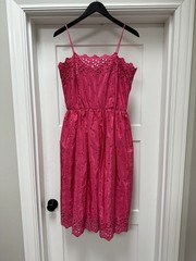 Vintage Eyelet Hot Pink taffeta Day Dress Cottagecore Prom Pinup
