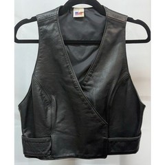 VTG Made in USA Black Leather Wrap Snap Vest Biker Rock Sz L-Runs small PTP 17″
